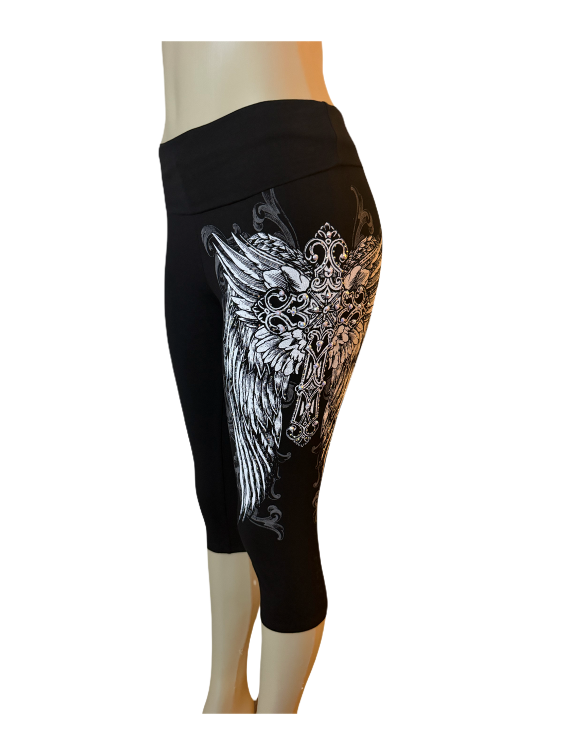 Angel Wing Cross Foldover Capri Leggings