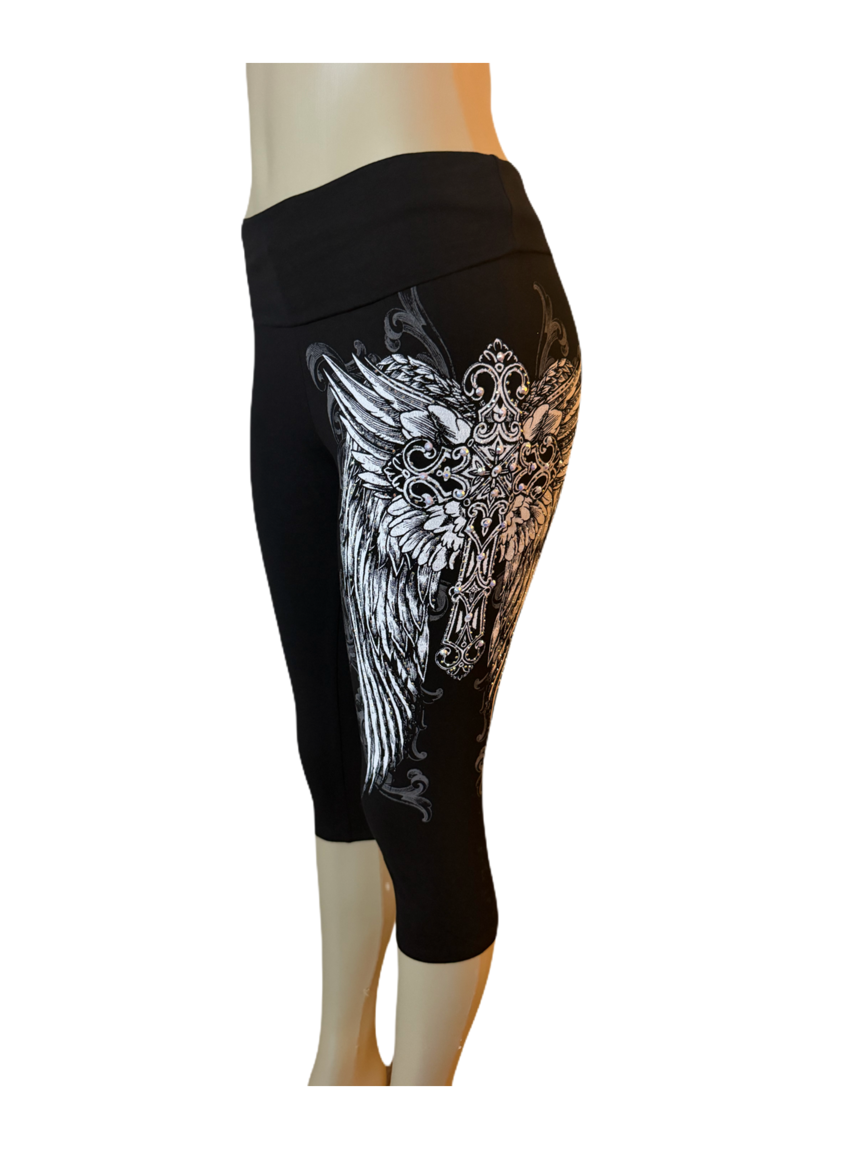Angel Wing Cross Foldover Capri Leggings
