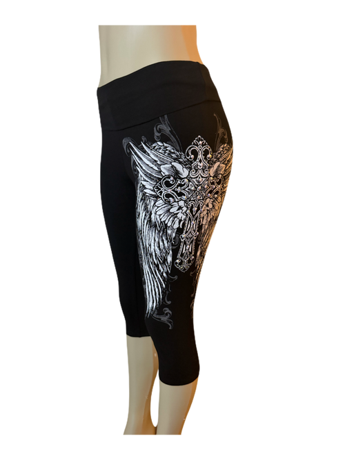Angel Wing Cross Foldover Capri Leggings