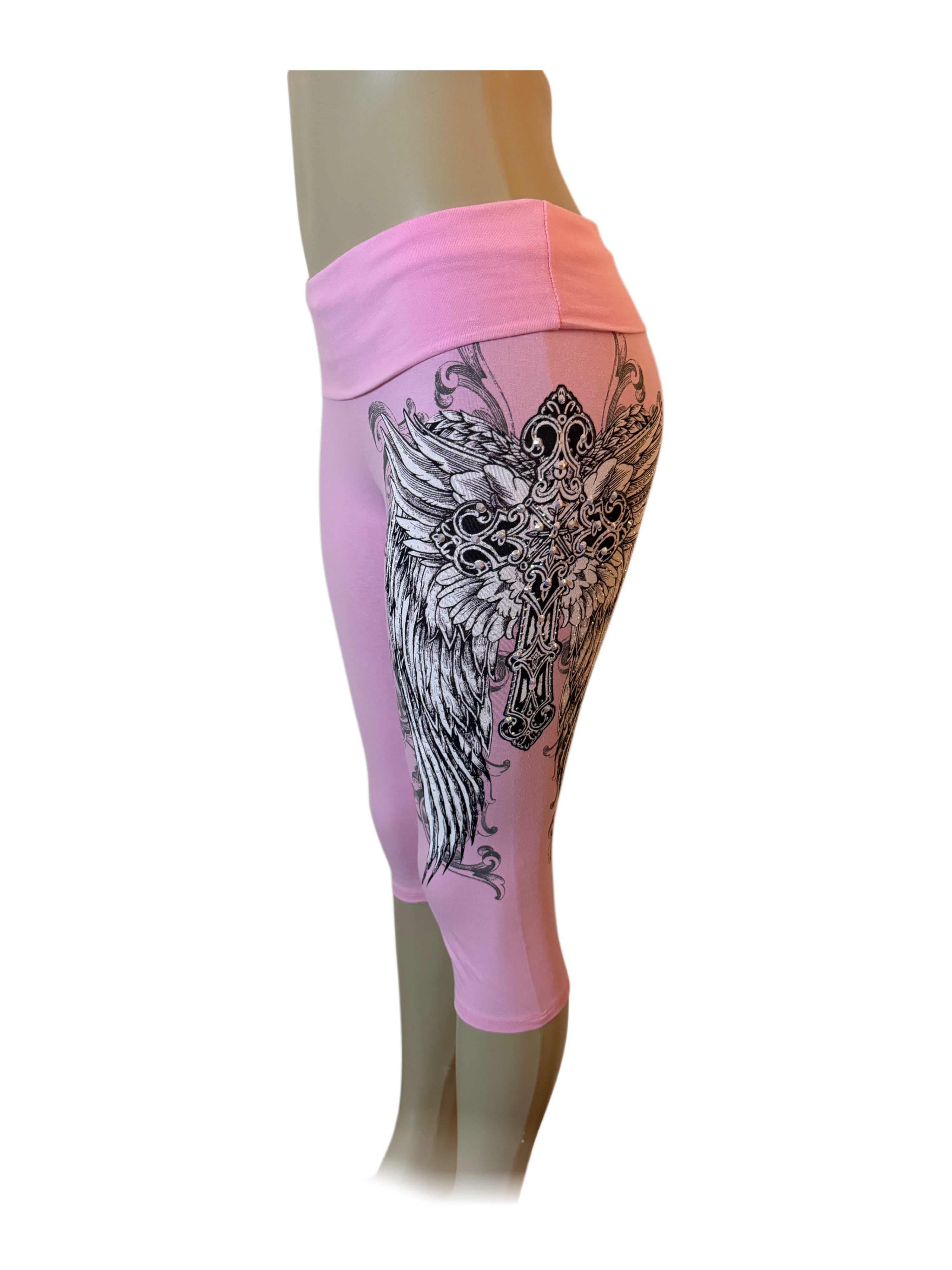 Angel Wing Cross Foldover Capri Leggings