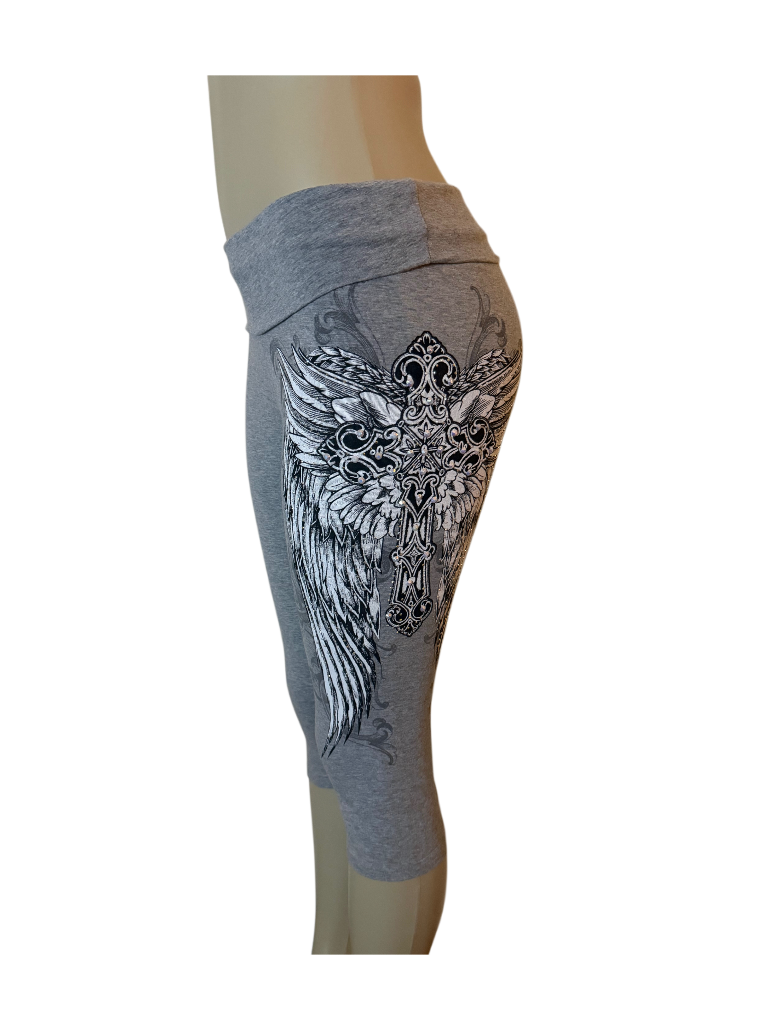 Angel Wing Cross Foldover Capri Leggings