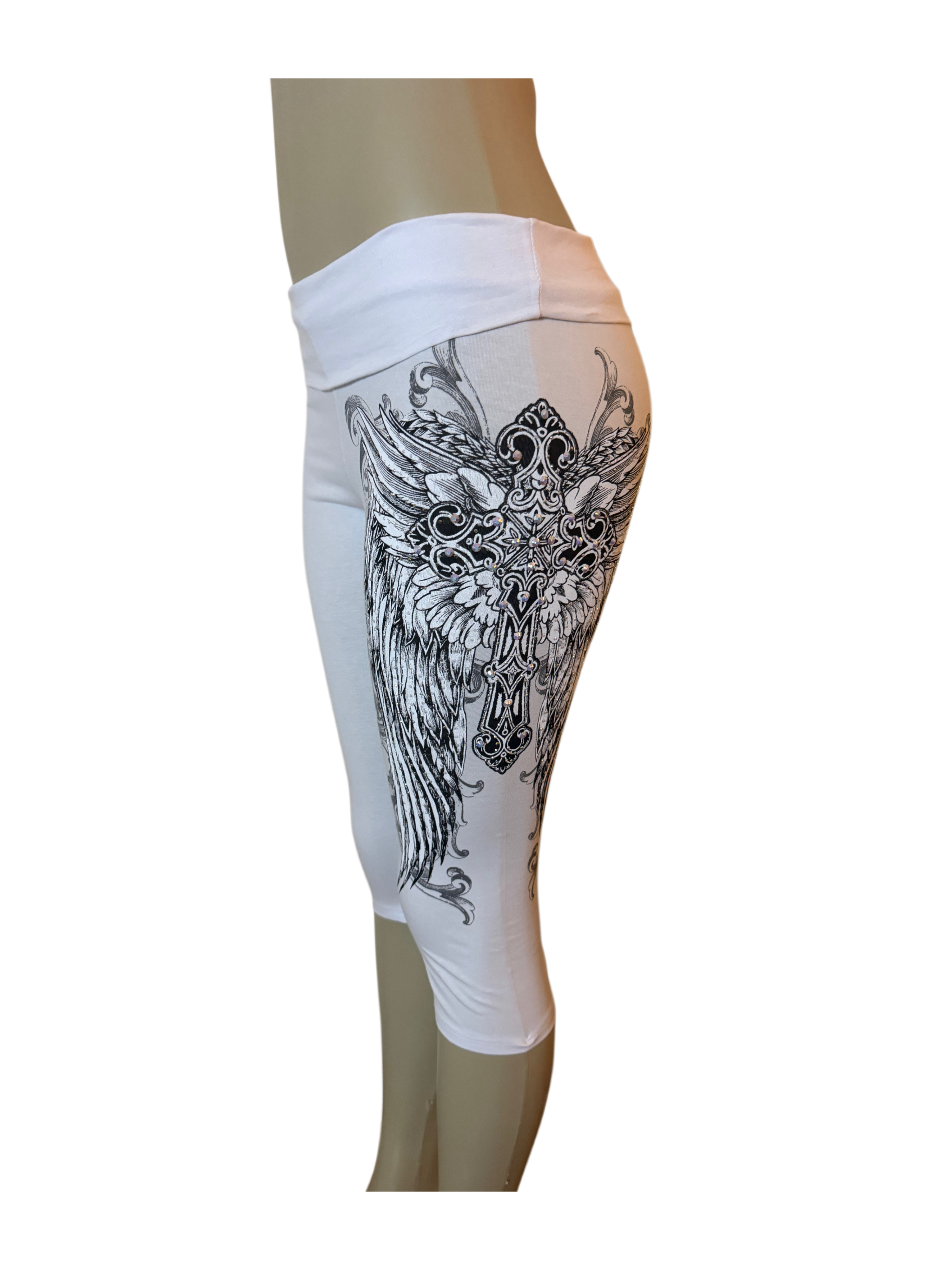 Angel Wing Cross Foldover Capri Leggings