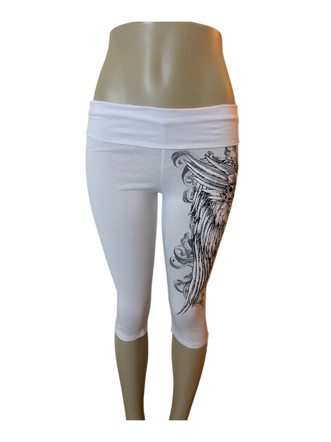 Angel Wing Cross Foldover Capri Leggings